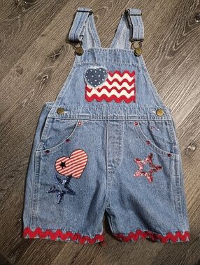 Marsha Vintage 90s Patriotic Americana Flag Denim Shortalls Girl's Size 3